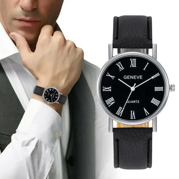 Simple Style Watch For Men Classic Leather Strap Stainless Steel Dial Bracelet Watch Creative Roman Calendar Business Wristwatch - Image 7