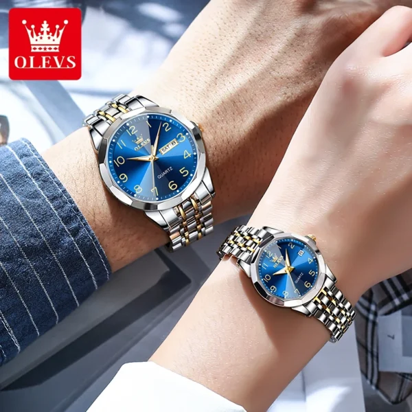 OLEVS 9970 Luxury Couple Watch Men Women Stainless Steel Waterproof Calendar Wristwatch Digital Dial Rhombus Mirror Lovers Watch - Image 3