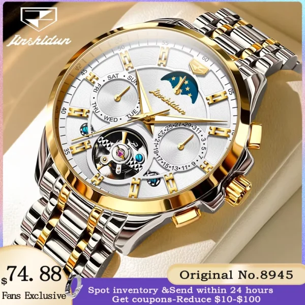 JSDUN 8945 Original Men's Automatic Mechanical Watch Fashion Tourbillon Skeleton Waterproof Calendar Luxury Brand Men's Watch