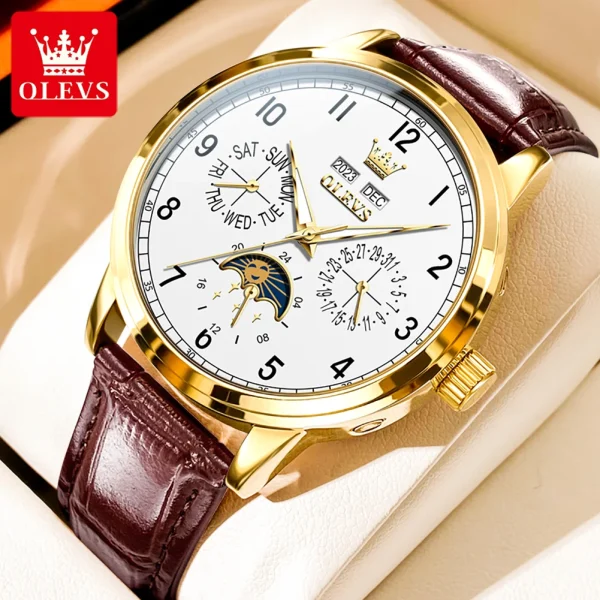 OLEVS Top brand Luxury Moon Phase Automatic Mechanical Watch for Men Date Week Leather Strap Waterproof Man's Watches Luminous - Image 10