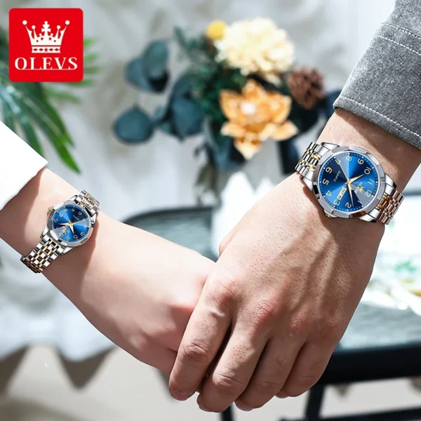 OLEVS 9970 Luxury Couple Watch Men Women Stainless Steel Waterproof Calendar Wristwatch Digital Dial Rhombus Mirror Lovers Watch - Image 4