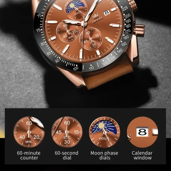 OLEVS Original Men's Quartz Watch Brown Leather Strap Moon Phase Waterproof Multifunctional Luxury Brand Watch for Men 2024 New - Image 5