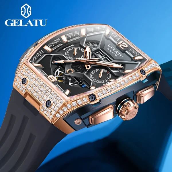 GELATU 6016 Diamond Hollow Man Mechanical Wristwatch Auto Date Deep Waterproof Watch For Men Luxury Silicone Strap Dress Watches - Image 4