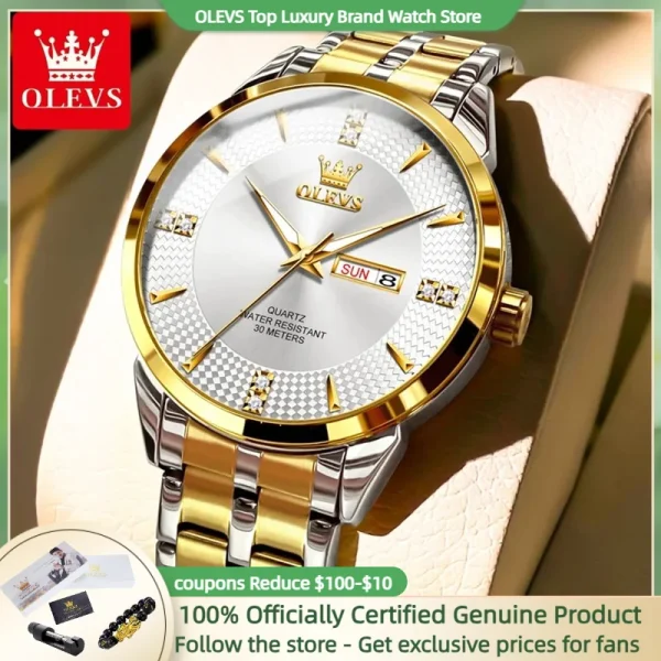 OLEVS 9917 New Quartz Men's Watch Fashion Business Dual Calendar Waterproof Watch Luxury Diamond Brand Original Men Quartz Watch