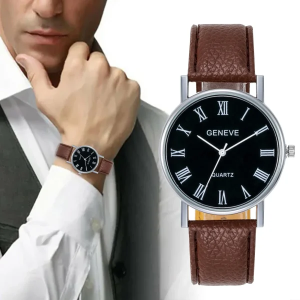 Simple Style Watch For Men Classic Leather Strap Stainless Steel Dial Bracelet Watch Creative Roman Calendar Business Wristwatch - Image 8