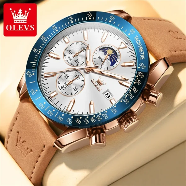 OLEVS Original Men's Quartz Watch Brown Leather Strap Moon Phase Waterproof Multifunctional Luxury Brand Watch for Men 2024 New - Image 9