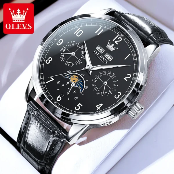 OLEVS Top brand Luxury Moon Phase Automatic Mechanical Watch for Men Date Week Leather Strap Waterproof Man's Watches Luminous - Image 8