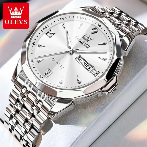 OLEVS Luxury Fashion Original Men's Watches Waterproof Stainless Steel Quartz Watch for Male Dual Calendar Luminous Wristwatch - Image 8