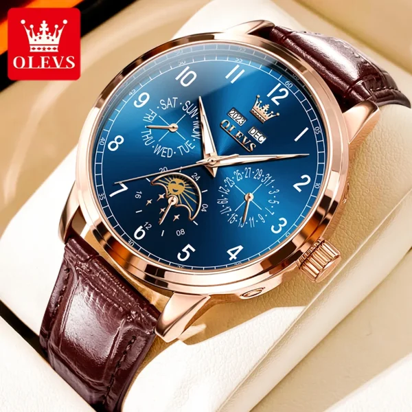 OLEVS Top brand Luxury Moon Phase Automatic Mechanical Watch for Men Date Week Leather Strap Waterproof Man's Watches Luminous - Image 9