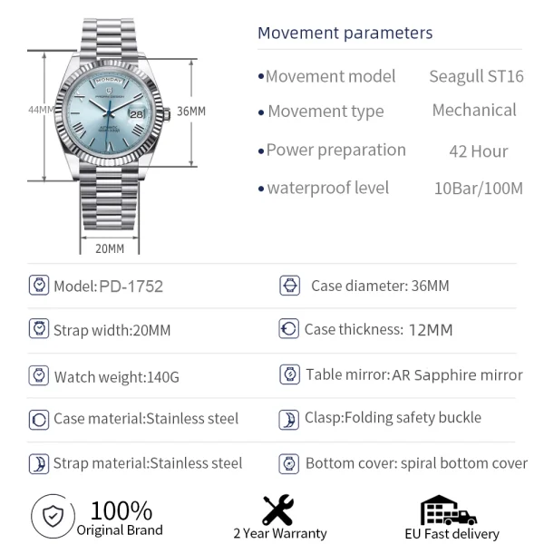 PAGANI DESIGN 2024 New DD36 Men's Watches Luxury Automatic Watch Men AR Sapphire Glass Mechanical Wristwatch Men ST16 Movt Clock - Image 6