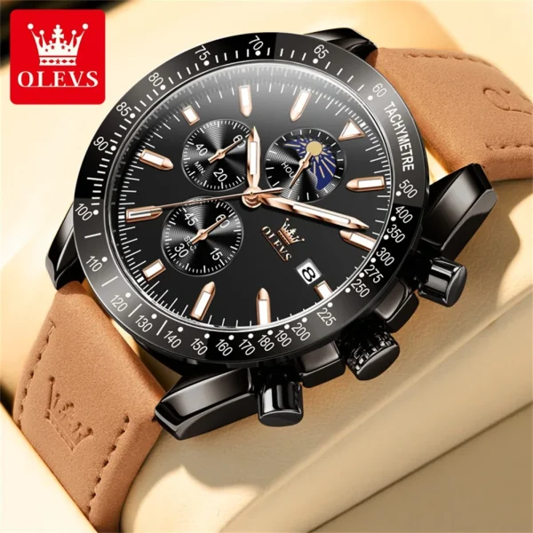 OLEVS Original Men's Quartz Watch Brown Leather Strap Moon Phase Waterproof Multifunctional Luxury Brand Watch for Men 2024 New - Image 7