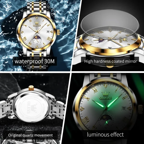 OLEVS 3656 Men Watch Fashion Original Waterproof Luminous Calendar Moon Phase Business Watch Trend Luxury Brand Men Quartz Watch - Image 4