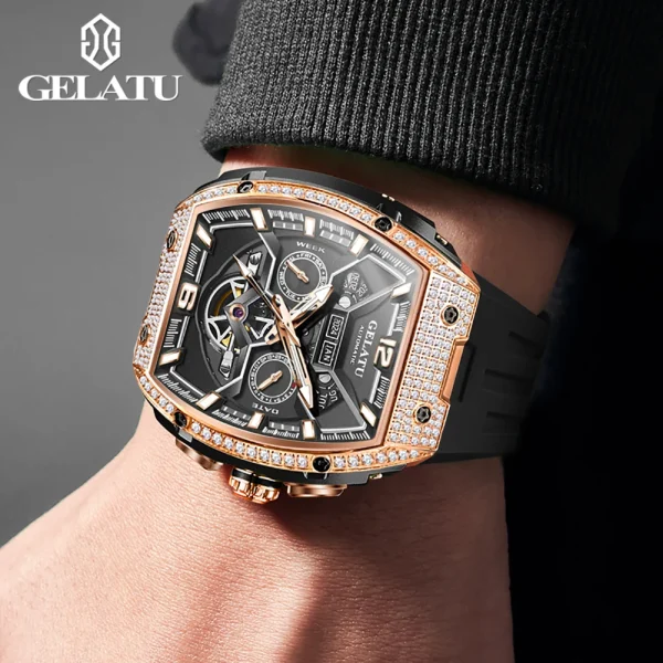 GELATU 6016 Diamond Hollow Man Mechanical Wristwatch Auto Date Deep Waterproof Watch For Men Luxury Silicone Strap Dress Watches - Image 5